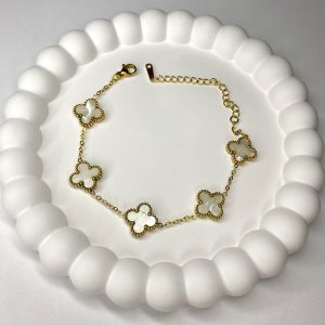 Çelik Gold Beyaz Yonca Bileklik - Çift Taraflı