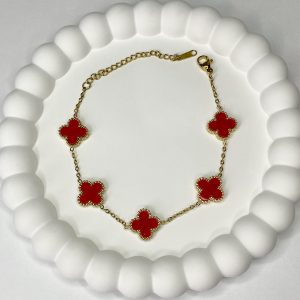Gold Kırmızı Yonca Bileklik - Çift Taraflı